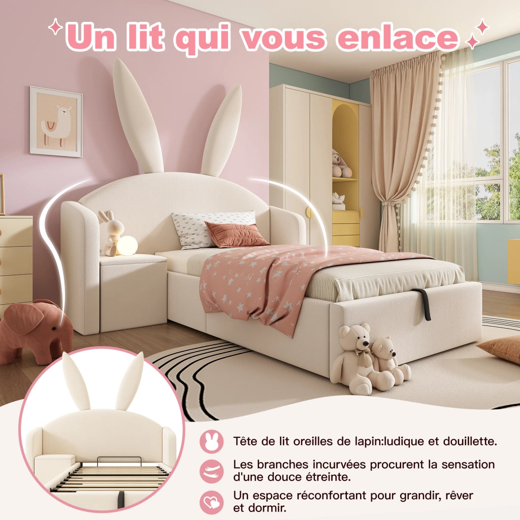 Letto Imbottito Singolo con Contenitore Idraulico e Comodino ¨C MINIMAL ¨C Velluto Beige 90x200