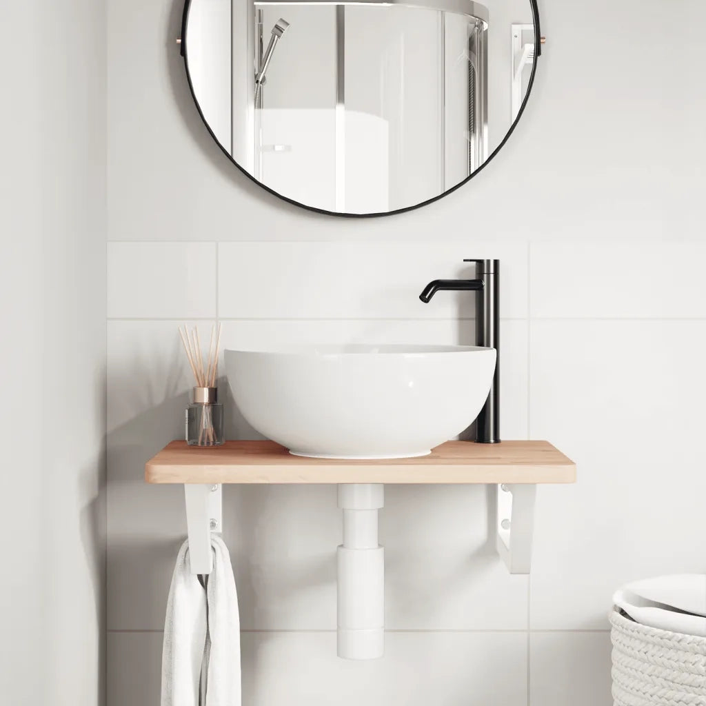Ripiano a Parete per Lavabo in Acciaio e Massello di Faggio