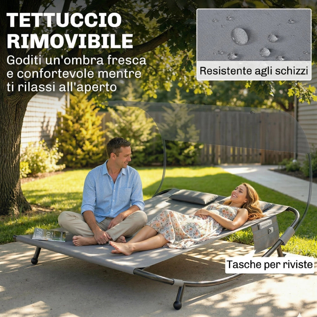 Lettino Prendisole Doppio con Baldacchino Rimovibile. Ruote. Cuscini e Tasche. Grigio