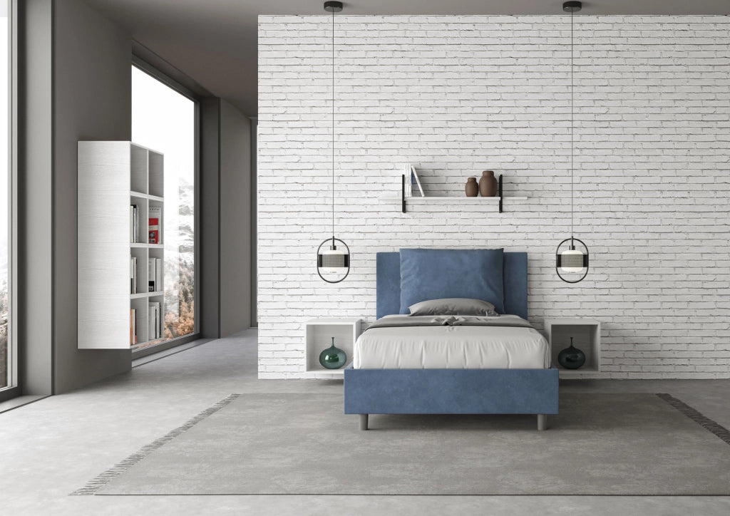 BS COM Letto una piazza e mezza senza rete imbottito 110x200 microfibra blu