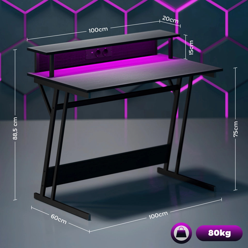 Scrivania Gaming con LED e Ripiani 100x60 cm ¨C Minimal ¨C Nero