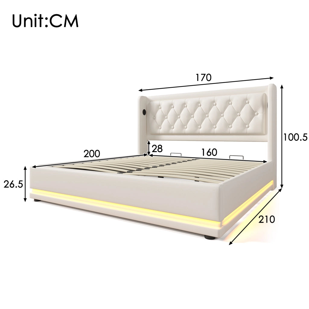 LETTO Contenitore 160x200 cm in PU Bianco con USB Type-C e LED