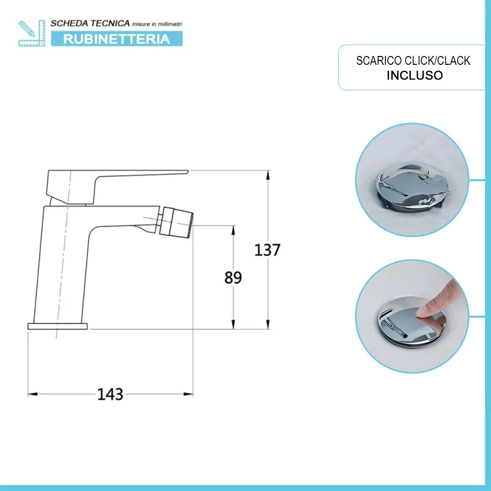 Set di rubinetti lavabo alto e bidet finitura cromo con piletta Kubo