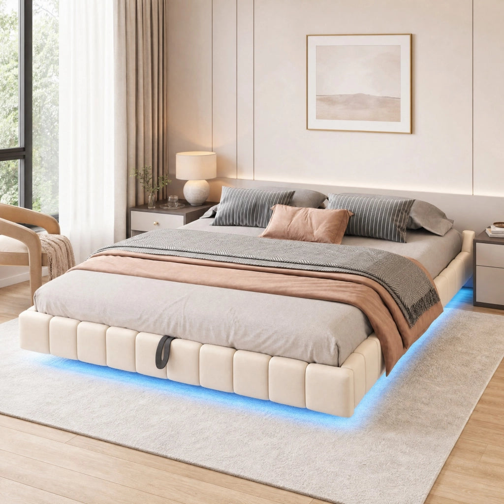LETTO Imbottito Sospeso 180x200 cm Beige con LED e Contenitore