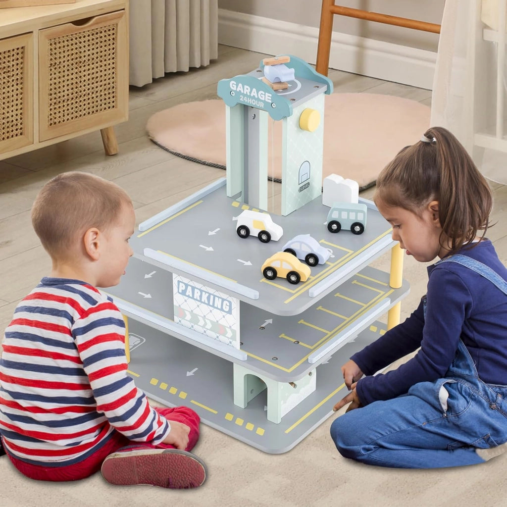 Set di Gioco Garage per Parcheggio, Garage di Giocattolo in Legno a 3 Strati con 4 Auto, Stazione di Servizio, Ascensore, Barra di Sollevamento, per Bambini di 3+ Anni