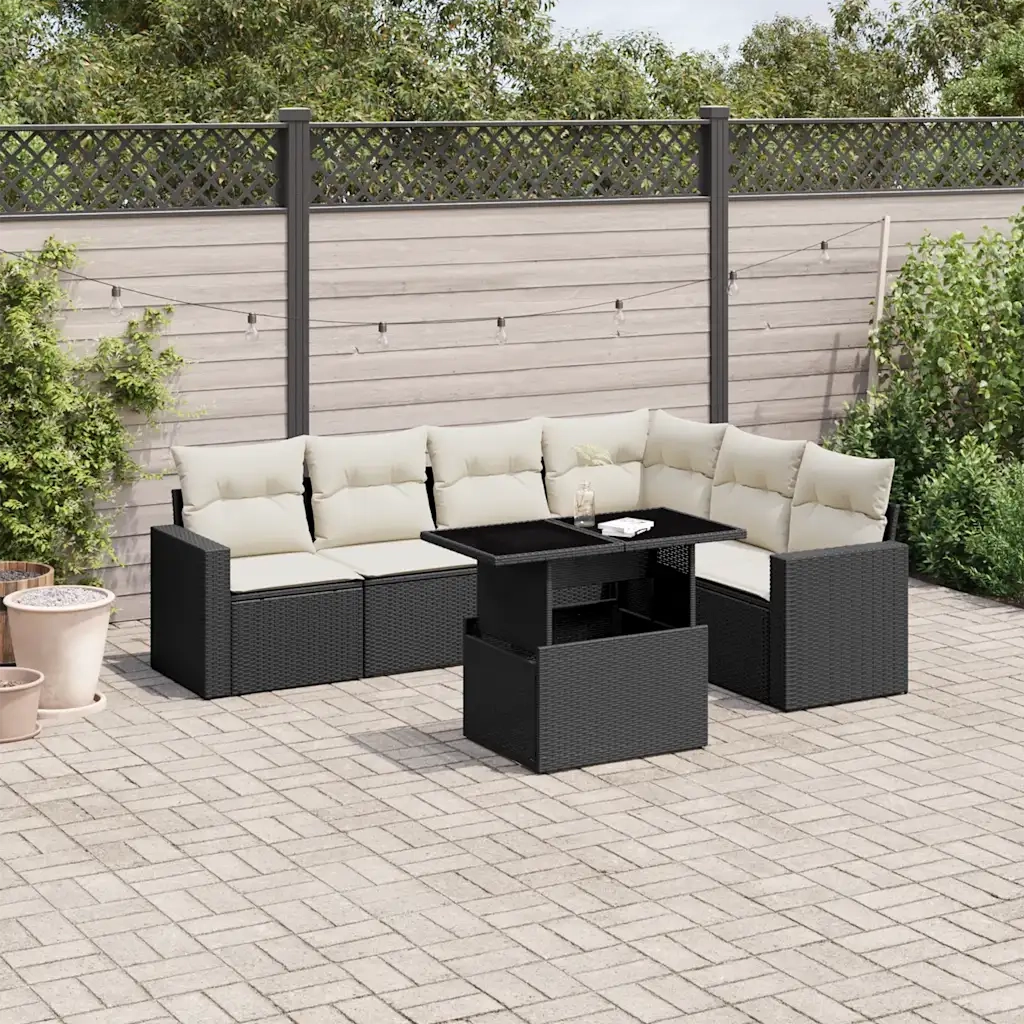 Set Divani da Giardino con Cuscini 7pz Nero Polyrattan