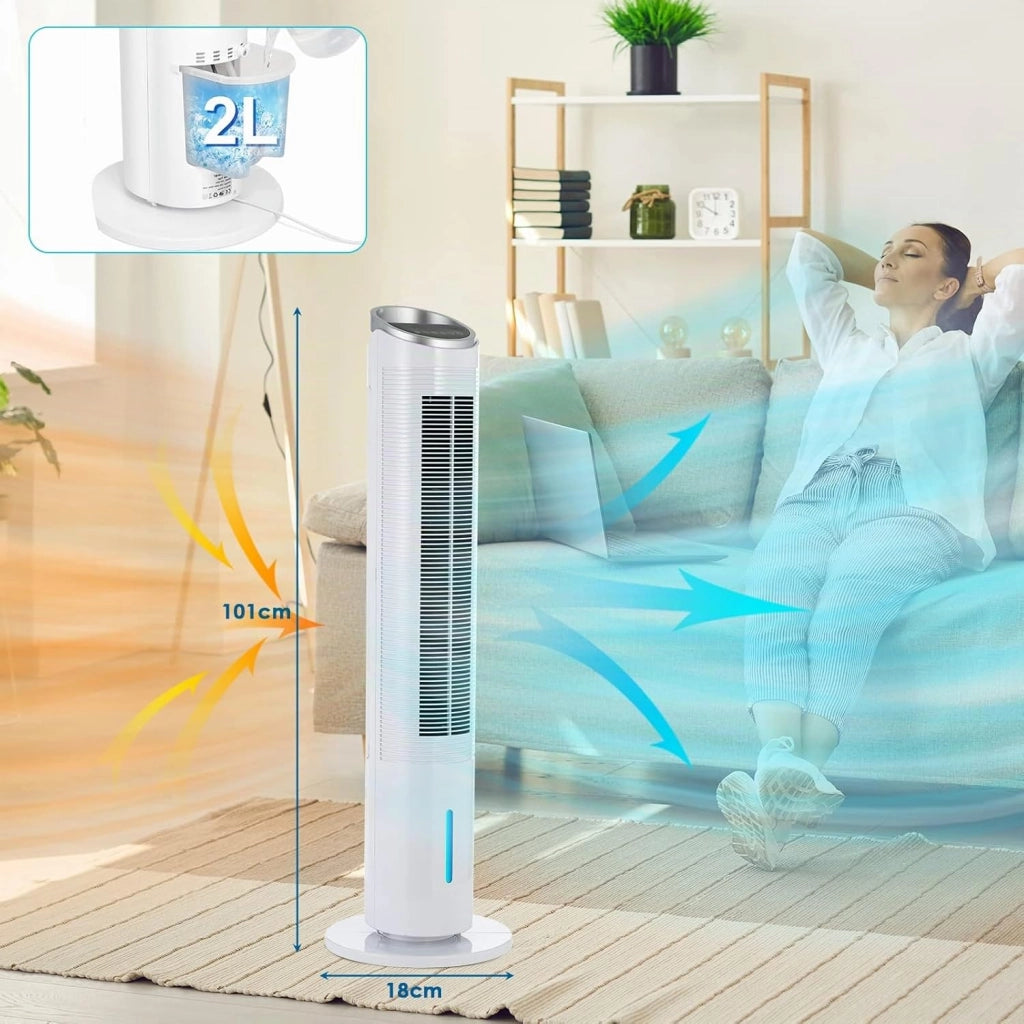 Ventilatore a Torre da 101 cm con Telecomando e Raffreddamento ad Acqua, Timer 8 Ore, Pulizia 4 In 1, con Raffreddamento, Umidificazione, Pulizia per Camera da Letto, Soggiorno, Ufficio