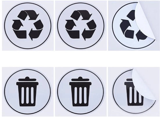 Etichette per sacchi dell'immondizia 6 pezzi - Sticker autoadesivi - PVC - Etichette rotonde - Rifiuti/Recupero - Nero/Bianco - 76 mm di diametro - Etichetta per rifiuti