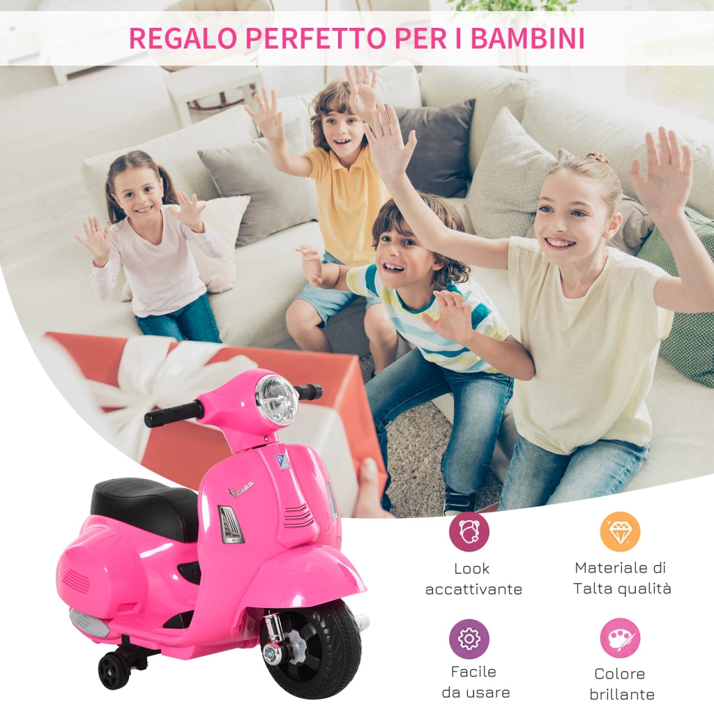 EasyComfort Moto Elettrica per Bambini 6V con Licenza Ufficiale Vespa Batteria, Motorino Elettrico per Bambini da 18-36 Mesi con Fari e Clacson, 66.5x38x52cm, Rosa