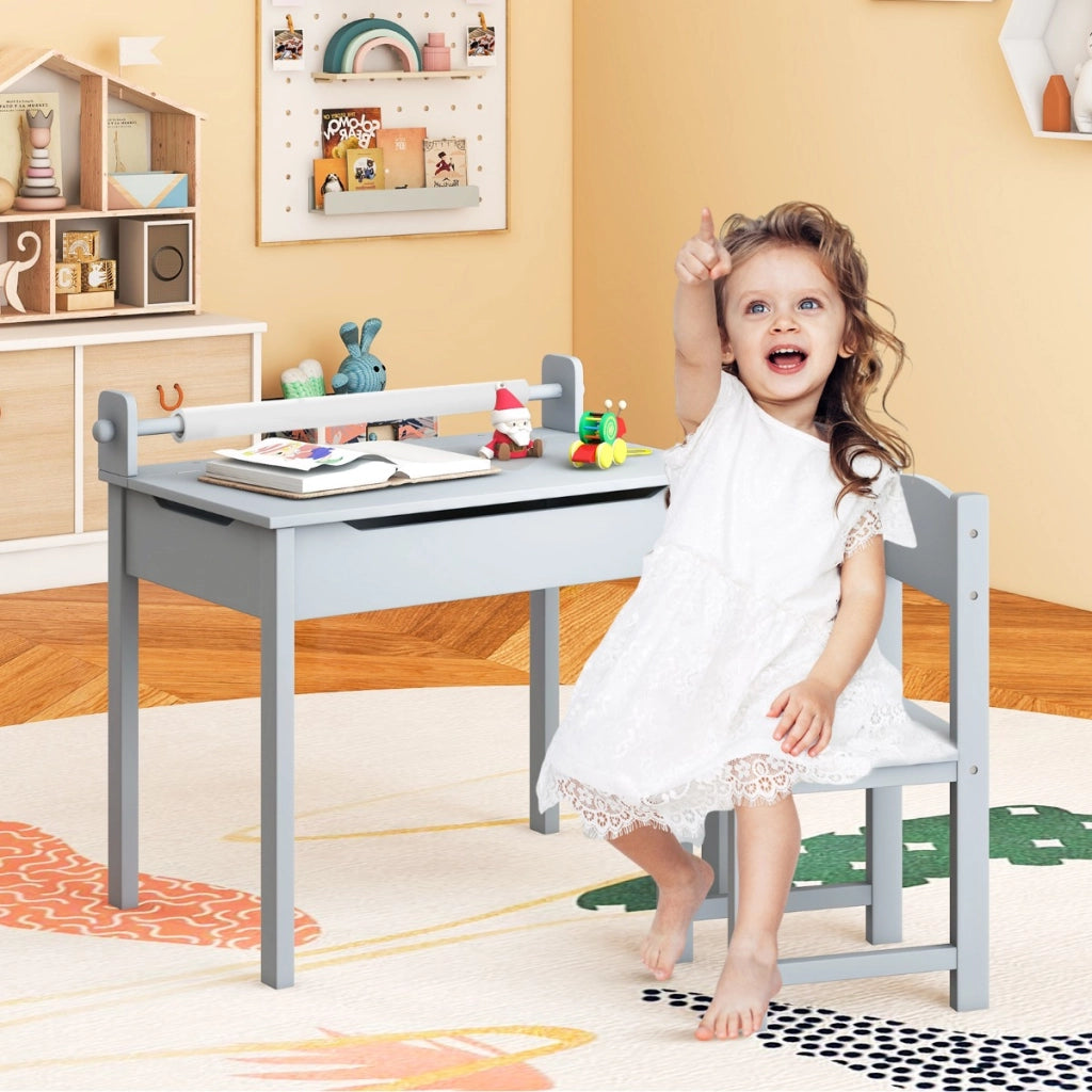 Tavolo per bambini con sedia vano portaoggetti e portarotolo per disegnare giocare, Set di tavolino con sedia Grigio