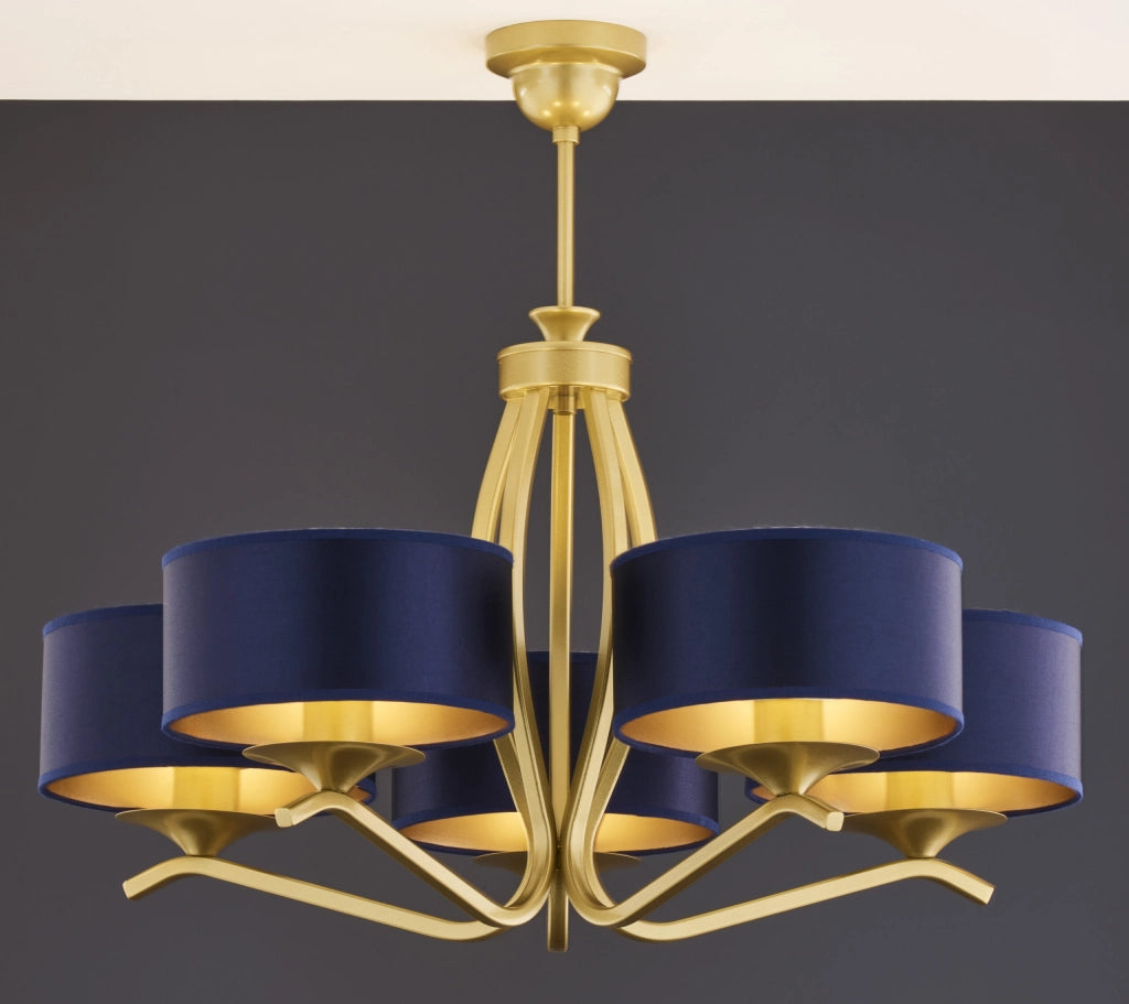 Lampadario classico oro 5 luci paralumi blu E27 Jupiter