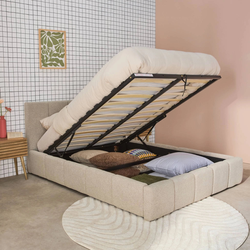Letto contenitore con rete a doghe e testiera 160x200cm, bouclé ,