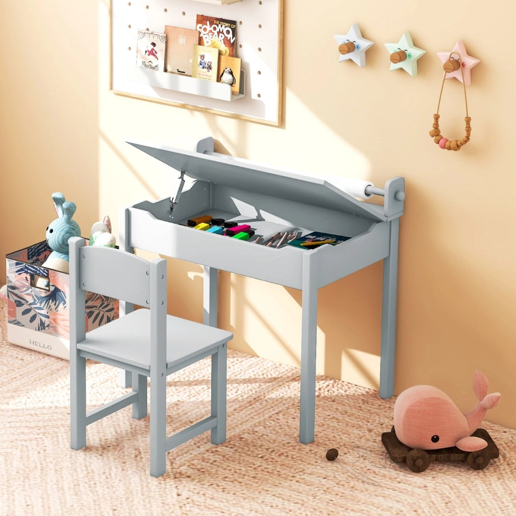 Tavolo per bambini con sedia vano portaoggetti e portarotolo per disegnare giocare, Set di tavolino con sedia Grigio