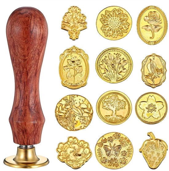 Stampo a cera rimovibile 12 pezzi - Bocchini in ottone - Maniglia in legno - Disegni botanici - Confezione regalo - Materiale di alta qualità - Stampi a cera