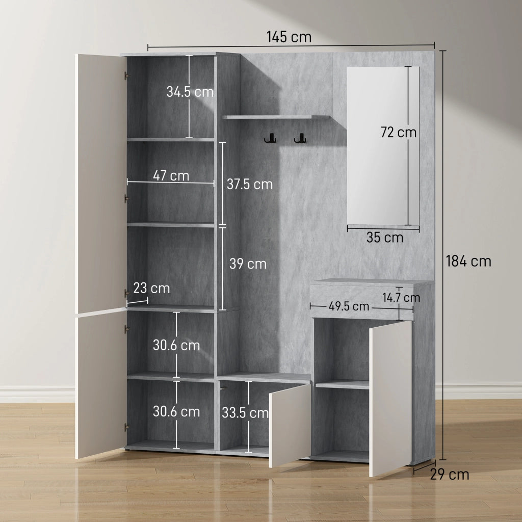 Mobile Ingresso con Specchio, Ganci e Ripiani ¨C Zephmum ¨C Grigio e Bianco, Legno, 145x29x184 cm