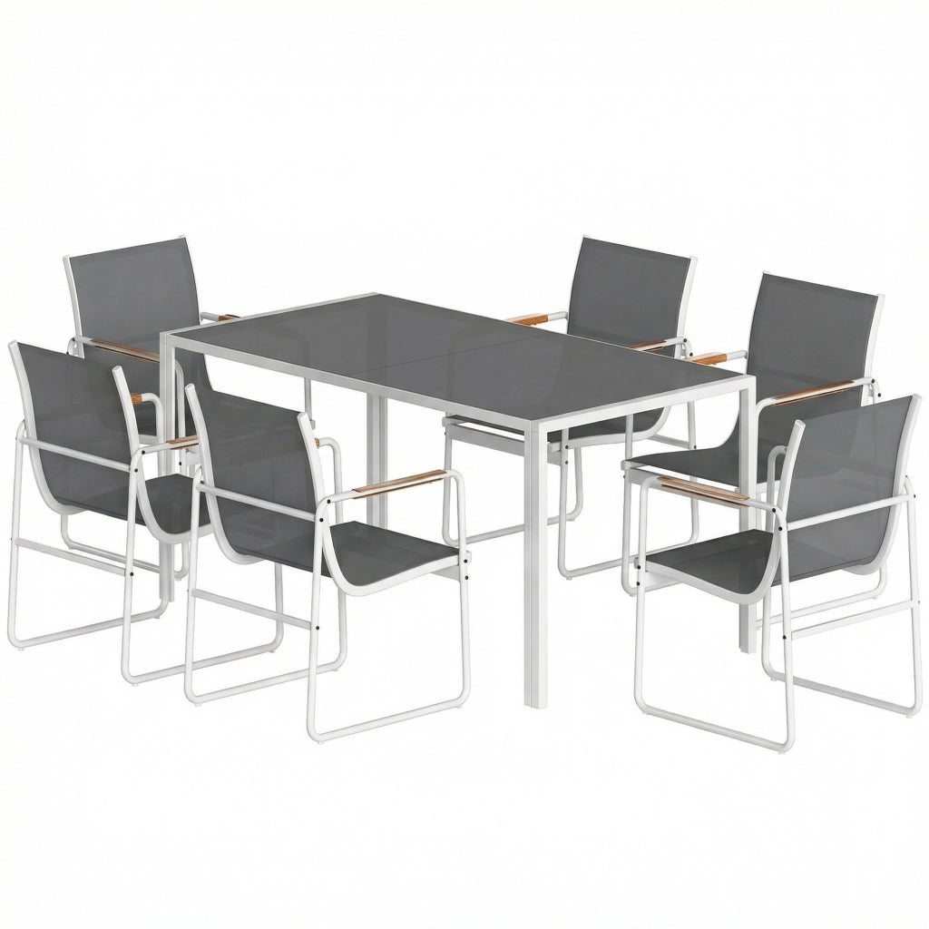 Set Tavolo da Pranzo e Sedie Giardino ¨C Xylo ¨C 6 Sedie Grigio Piano Vetro Temperato Bianco