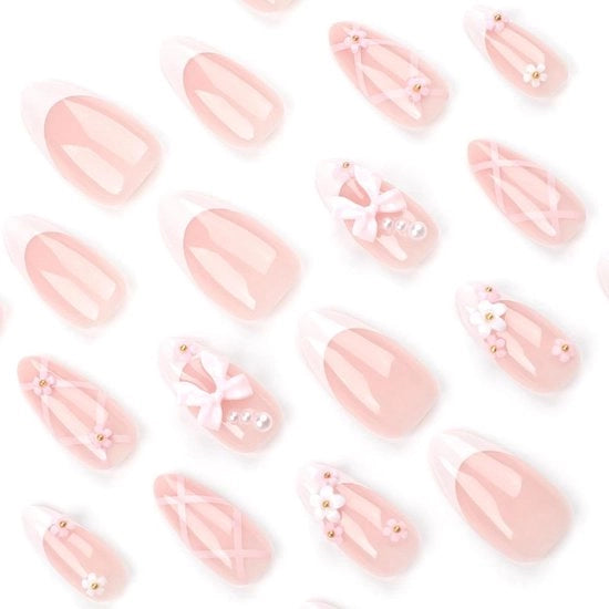 24 pezzi di unghie artificiali a forma di mandorla con decorazioni a 3D e fiocchi rosa