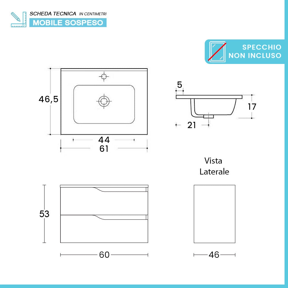 Mobile bagno sospeso 60cm quercia e bianco con lavabo Sumya