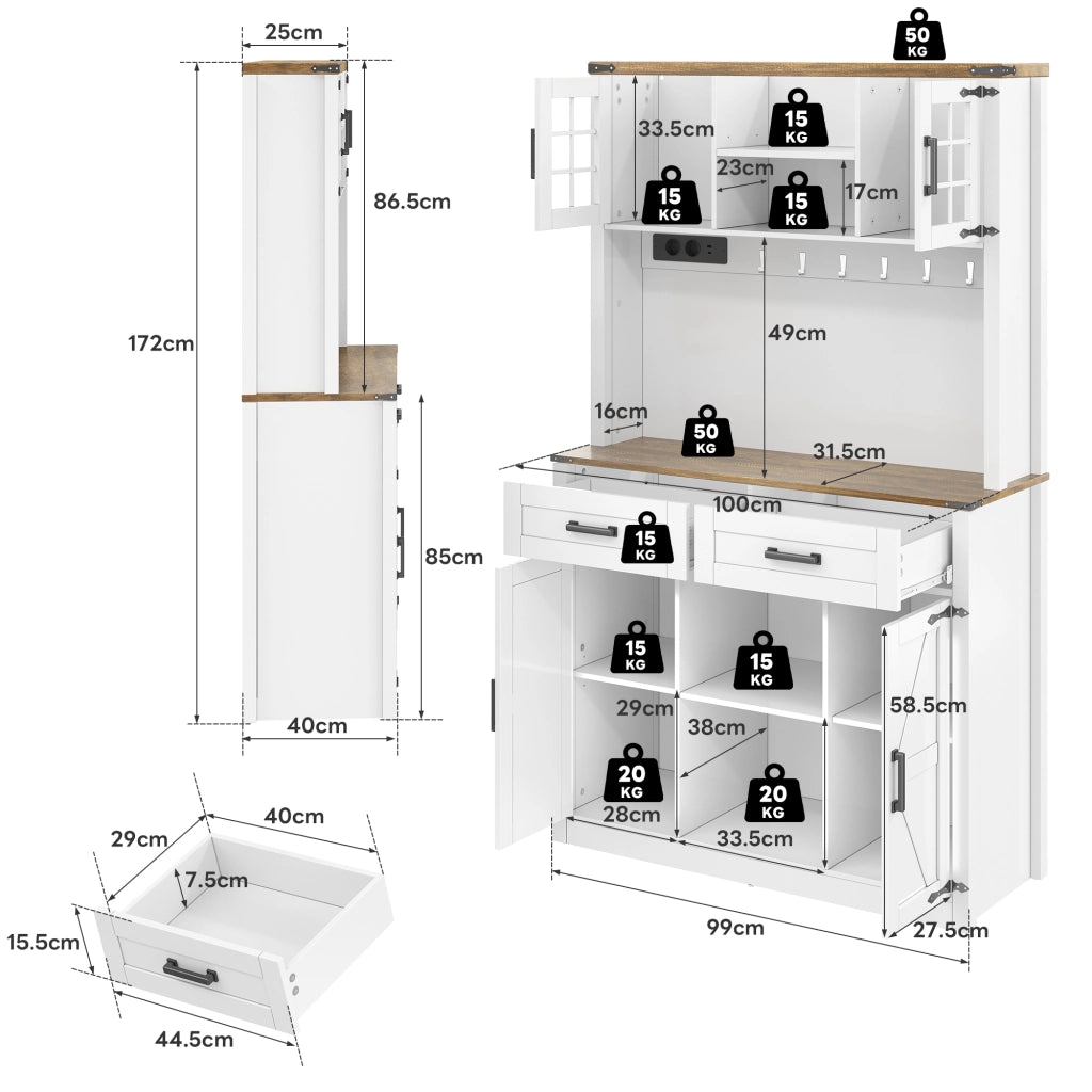 Credenza da Cucina con 2 Cassetti; 4 Vani; Ripiani Regolabili; LED e Prese; in MDF; Marrone e Bianco