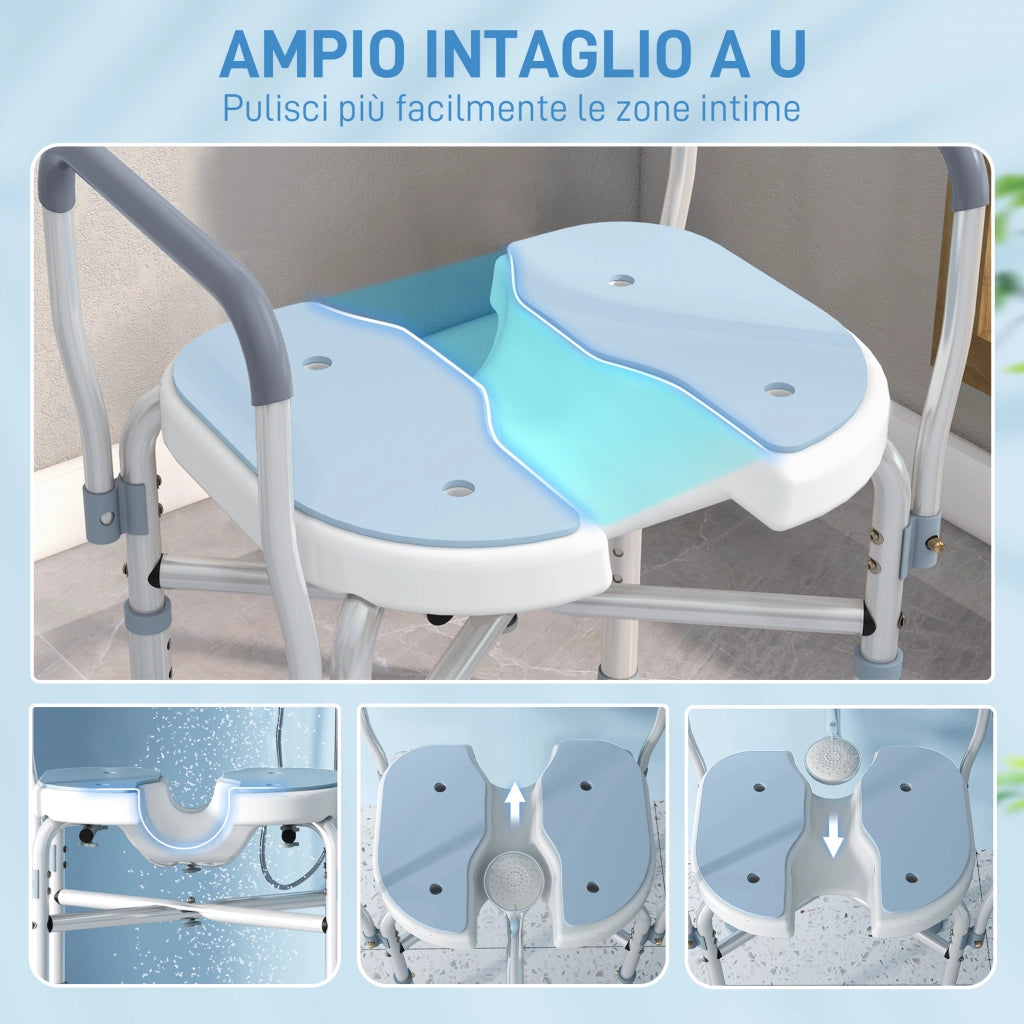 Sgabello da Doccia con Seduta Scanalata e Braccioli ¨C Minimal ¨C Altezza Regolabile, Azzurro