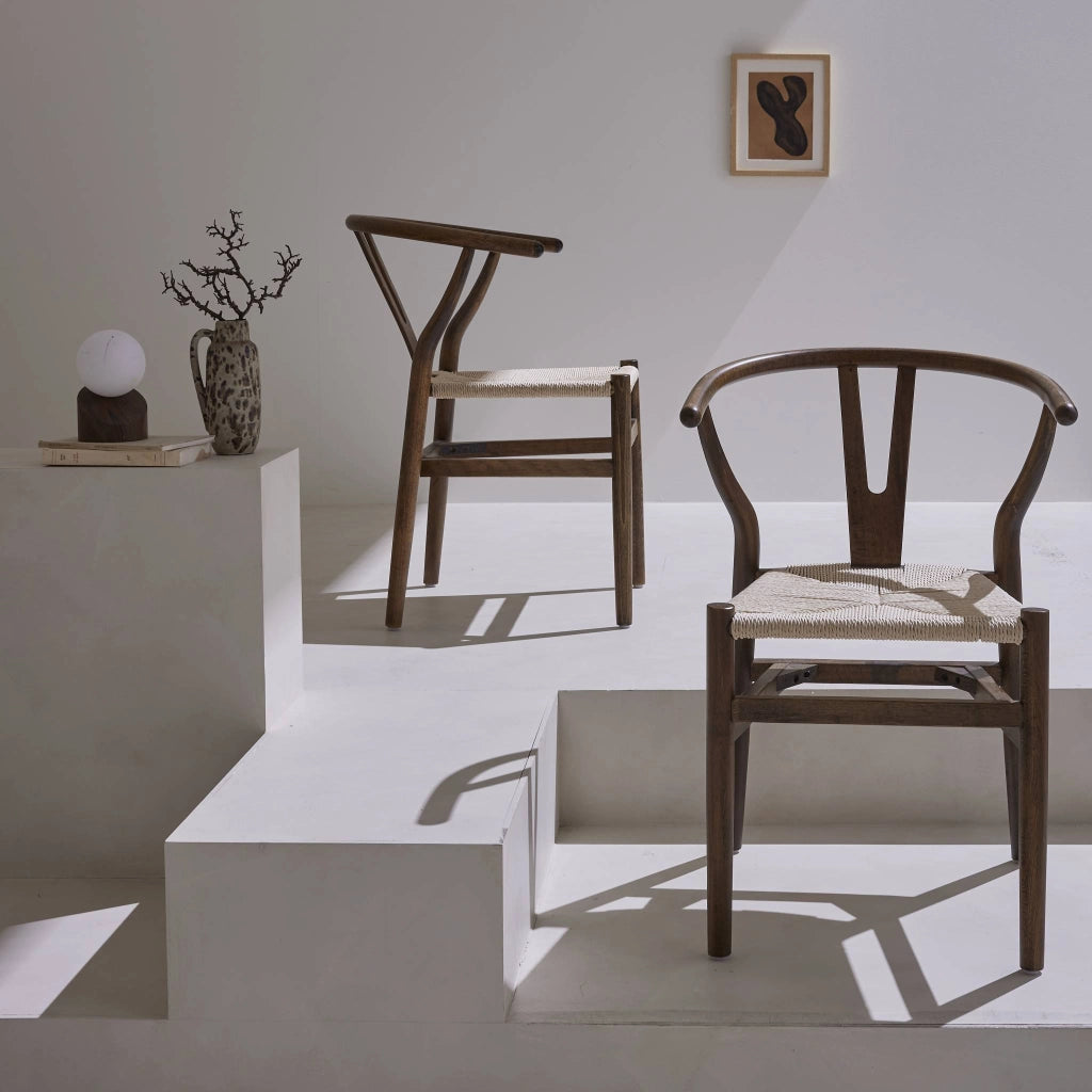 Set 2 sede in legno con seduta in corda, marrone