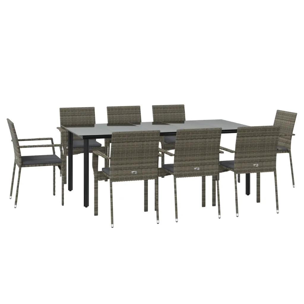Set da Pranzo Giardino 9pz con Cuscini Nero e Grigio Polyrattan 3185142