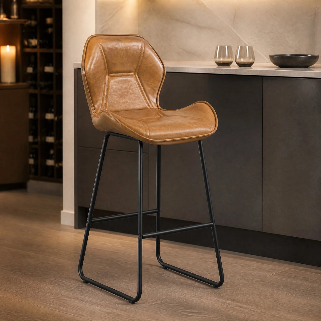 Sgabello da bar Set da 2 con Schienale ergonomico e Poggiapiedi, in Similpelle e Metallo, Marrone