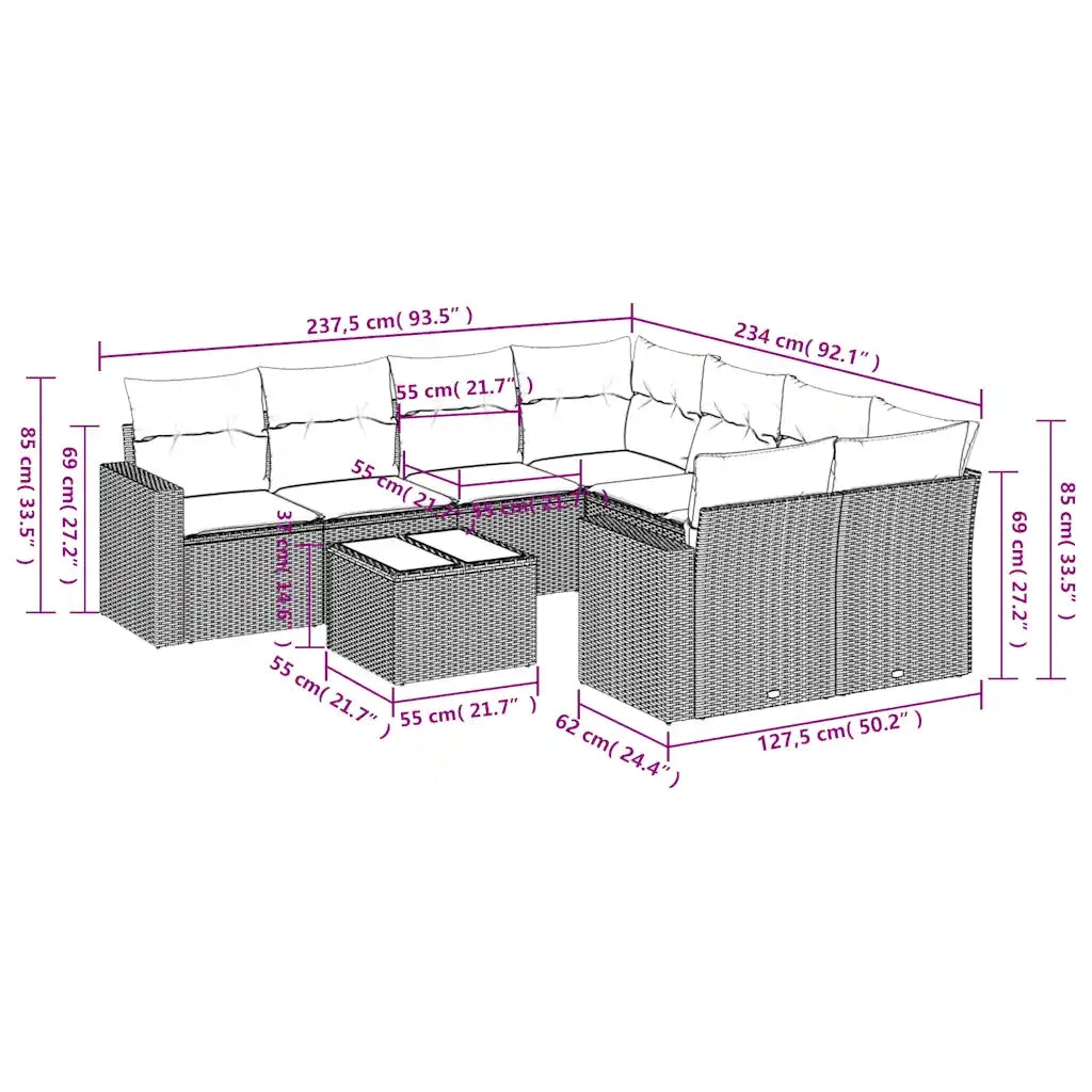 Set Divani da Giardino 9 pz con Cuscini Nero in Polyrattan