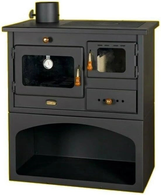 Stufa a legna con forno. Piastre in ghisa. Potenza termica 10kw. Modello Prity 1P 34 con canna fumaria a sinistra