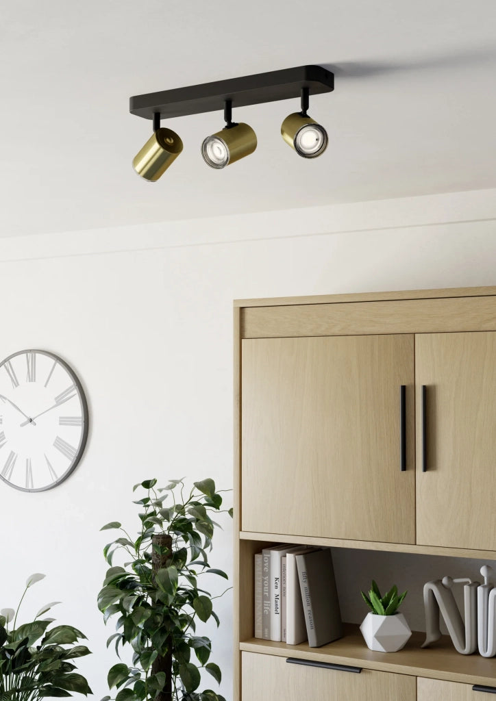 Spot Moderno Consuma 1 Acciaio Nero Ottone 3 Luci Gu10 Ip44