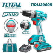 TOTAL TRAPANO AVVITATORE A BATTERIA + 2 BATTERIE 20V 2Ah LITIO RICARICABILI + ACCESSORI TIDLI20608