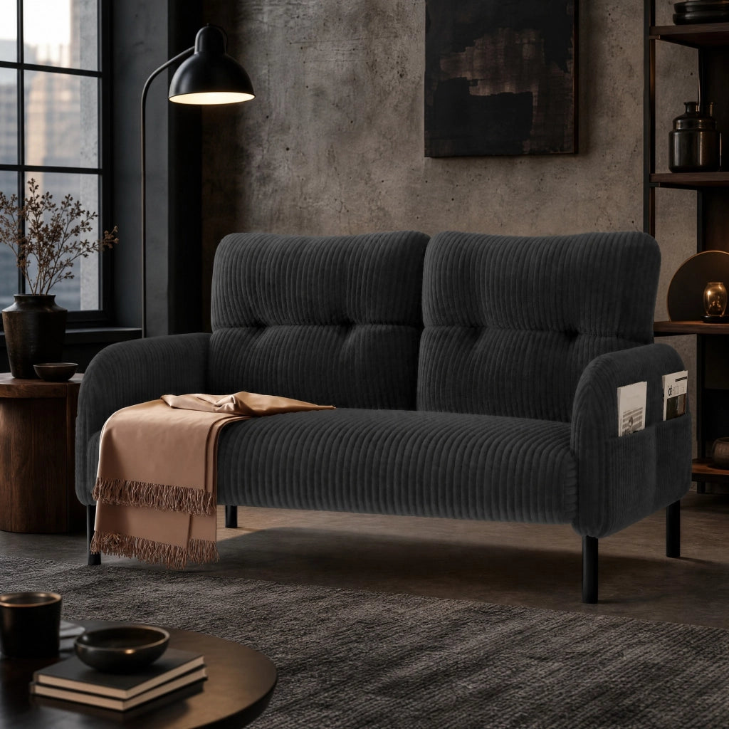 DIVANO 2 Posti 120 x 75 x 79 cm in Tessuto a Coste Grigio con Tasche Laterali