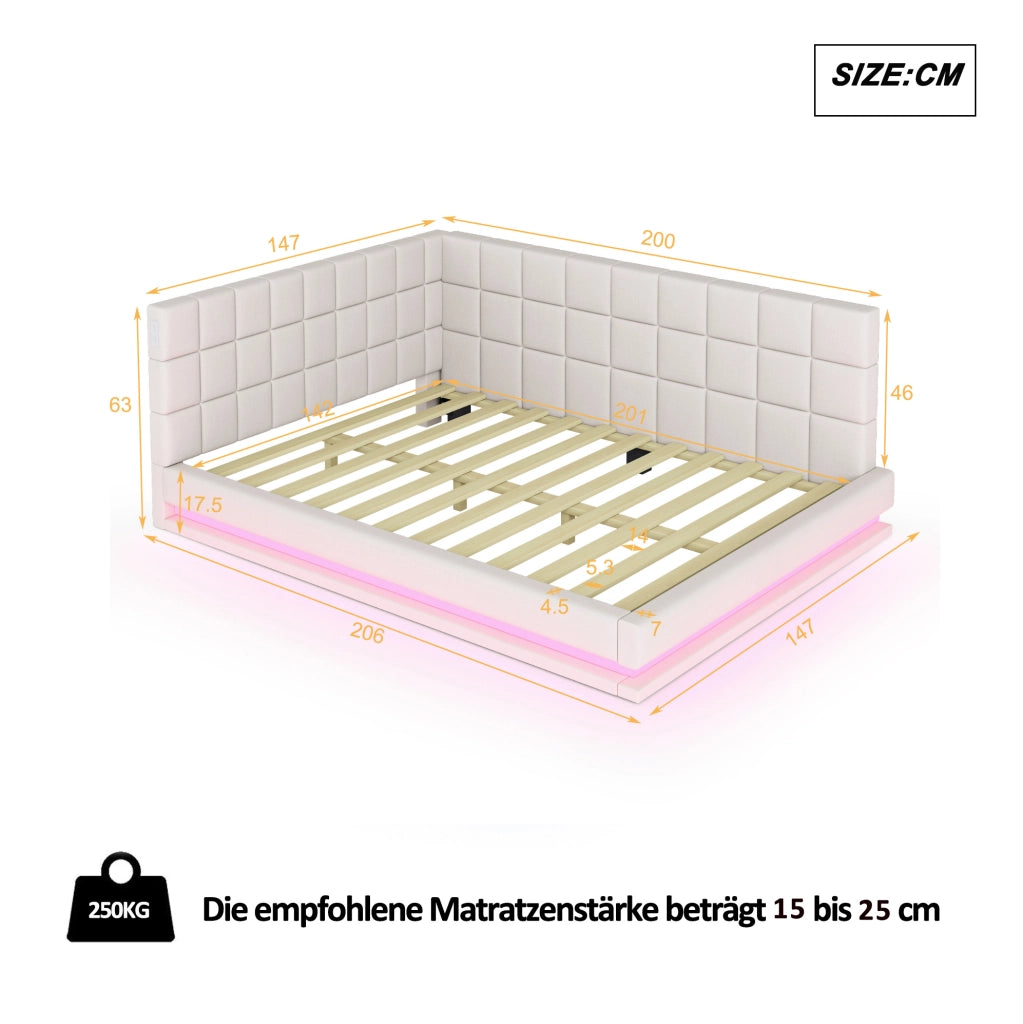 Divano letto 140x200 cm con LED e porta USB; tessuto di lino beige