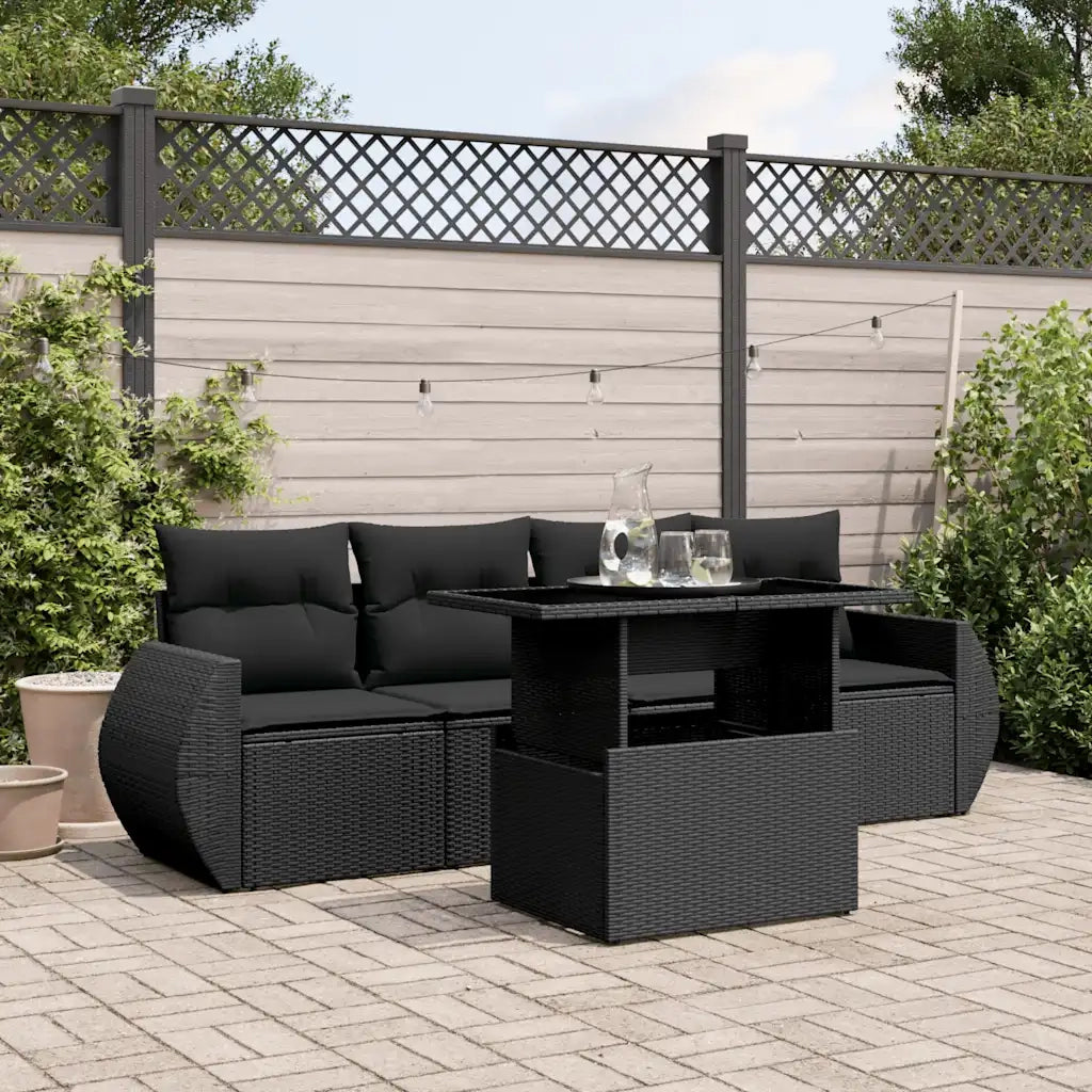Set Divani da Giardino 5 pz con Cuscini in Polyrattan Nero