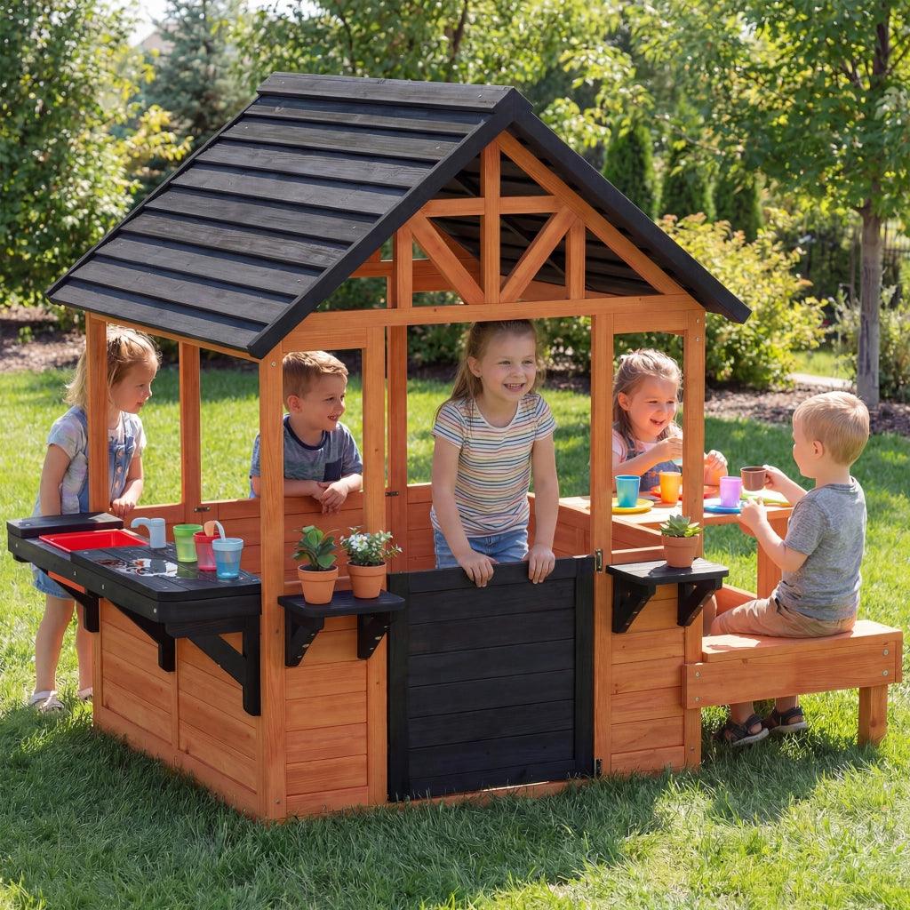 Casetta in Legno per Bambini 3-8 Anni con Tavolo e Panche ¨C zephmum ¨C Marrone