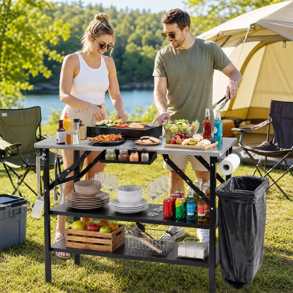 Tavolo da barbecue pieghevole in acciaio con 2 ripiano regolabile, Tavolino da esterno per picnic e campeggio