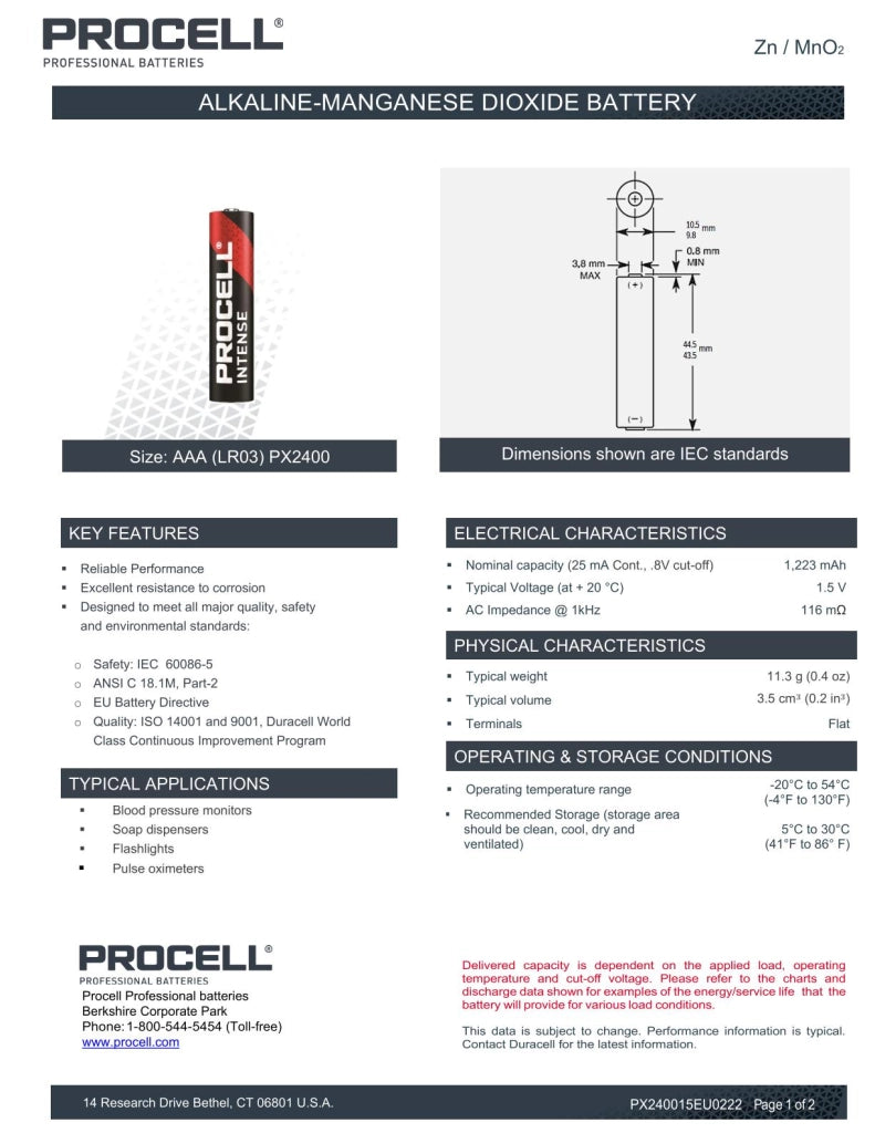 Batterie AAA Procell Intense Alcaline Professionali Confezione da 10 Pezzi Alta Durata per Dispositivi ad Alto Consumo