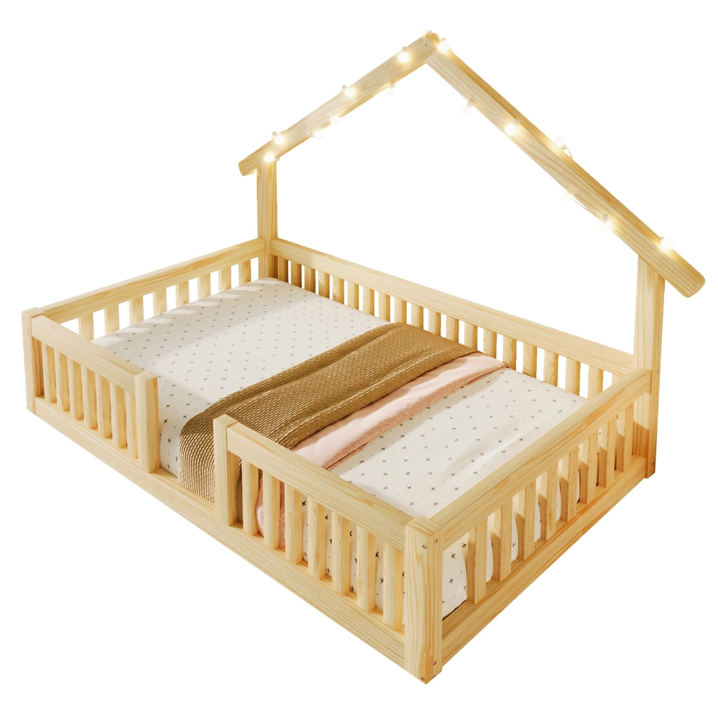 LETTO Casetta 90x200 cm in legno Naturale con luci LED