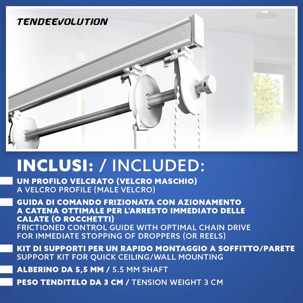 BASTONE BINARIO PER TENDA A PACCHETTO CON 3 CALATE A SGANCIO RAPIDO IN ALLUMINIO BIANCO LUNGHEZZA 120 CM Attacco Soffitto COMANDO A DESTRA