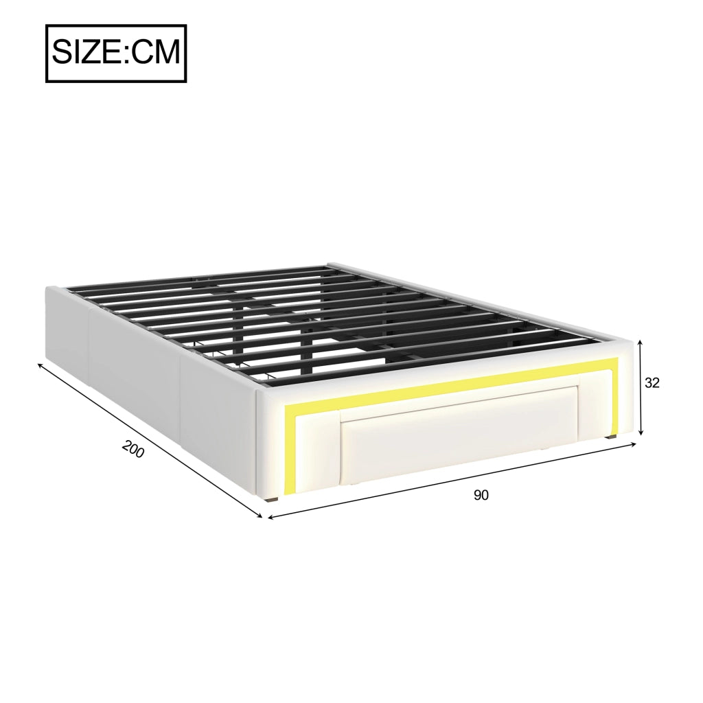 LETTO 90x200 cm senza testiera con cassetti, LED, PU bianco