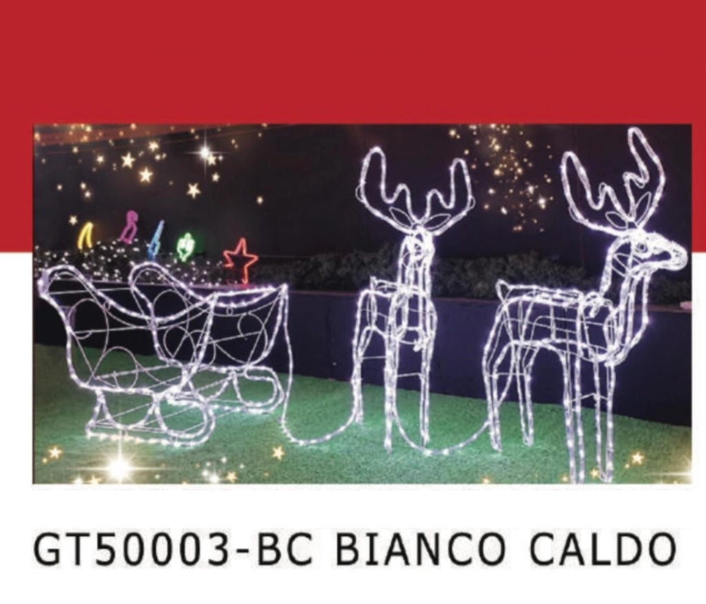 Renne con slitta a led bianco caldo misura 80x20x95 h cm struttura in ferro tubo led 32 metri