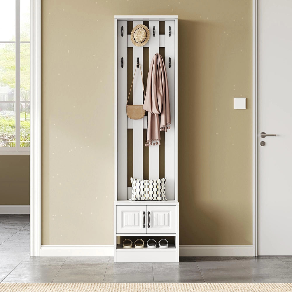 Panchina appendiabiti ingresso 50x36x190 cm - Xylo - 2 ante, schienale con 8 ganci, bianco