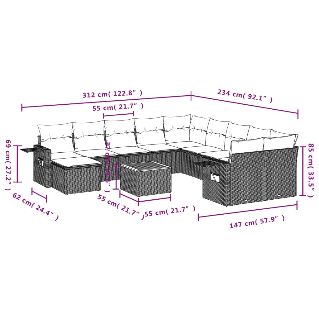Set Divani da Giardino 12 pz con Cuscini Nero in Polyrattan 3257189