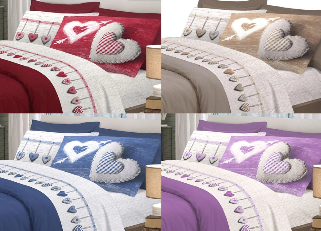 Completo Lenzuola Linea Pensieri Delicati 100% Cotone Disegno Cuore Appeso - Piazza E Mezza - Rosa
