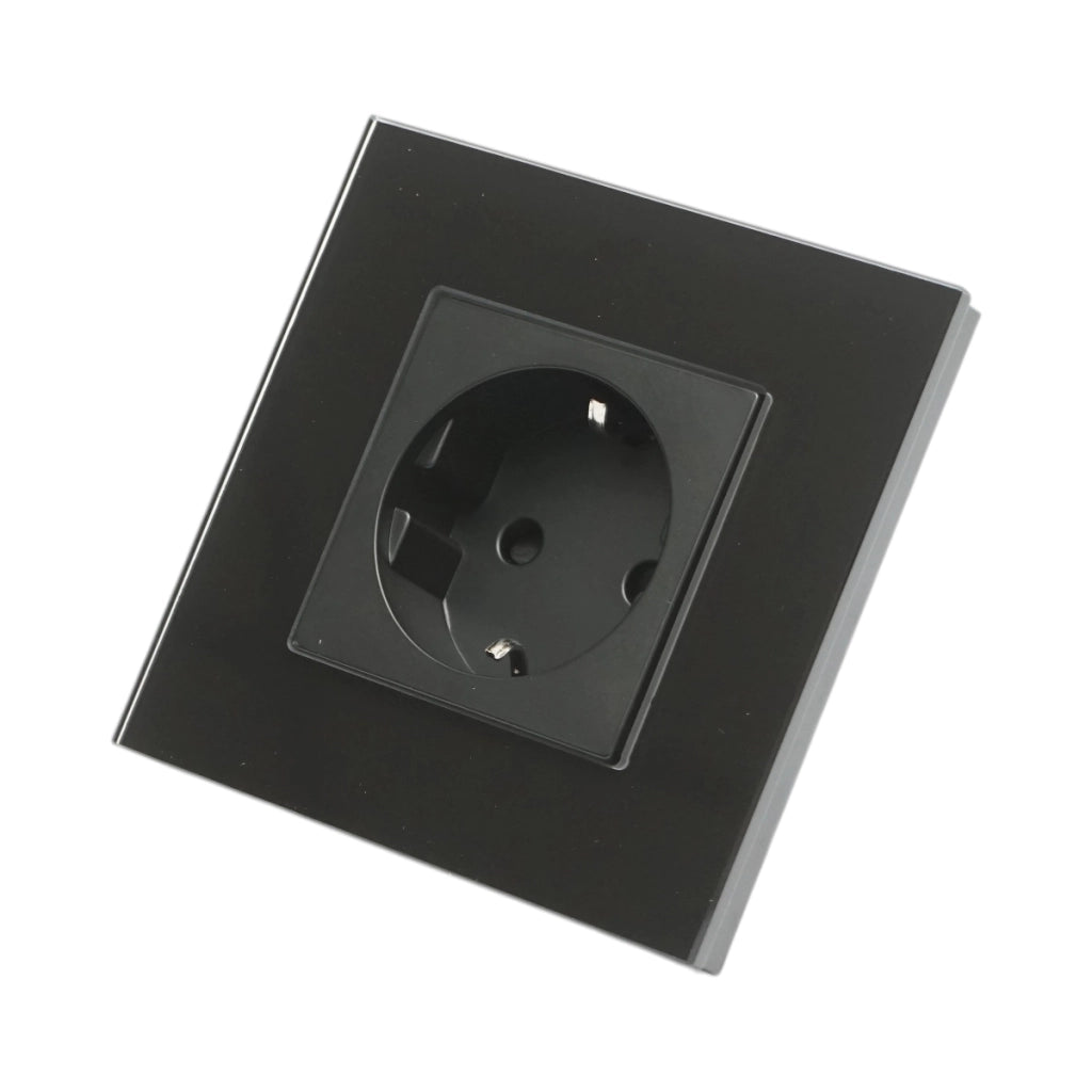 Presa schuko nera 220V, 16A, cornice in vetro 86x86x34mm