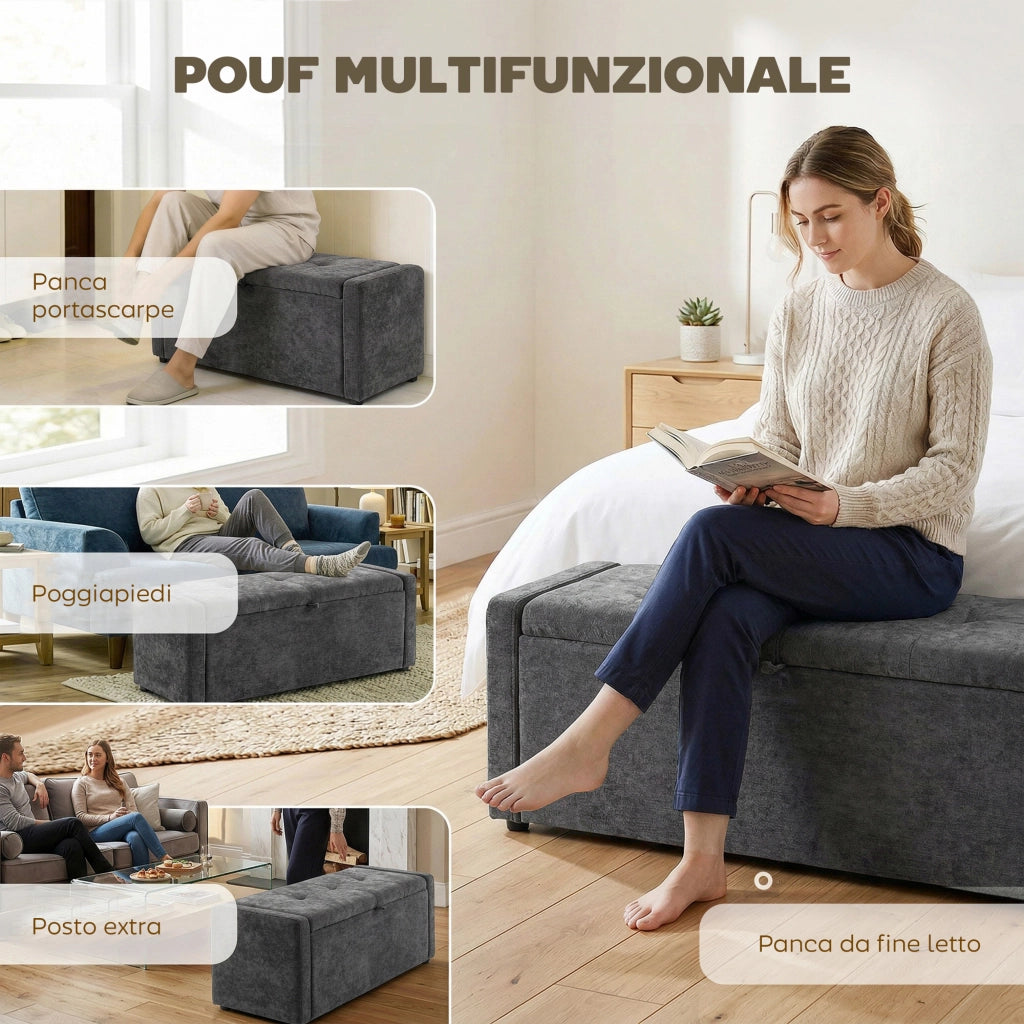 Pouf Contenitore Imbottito ¨C Minimal ¨C Grigio Scuro, Lino
