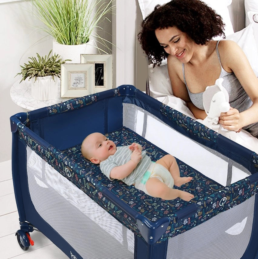 Box portatile per bambini con design pieghevole e 2 ruote, Centro attivit¨¤ resistente e durevole 125x65x76cm Blu