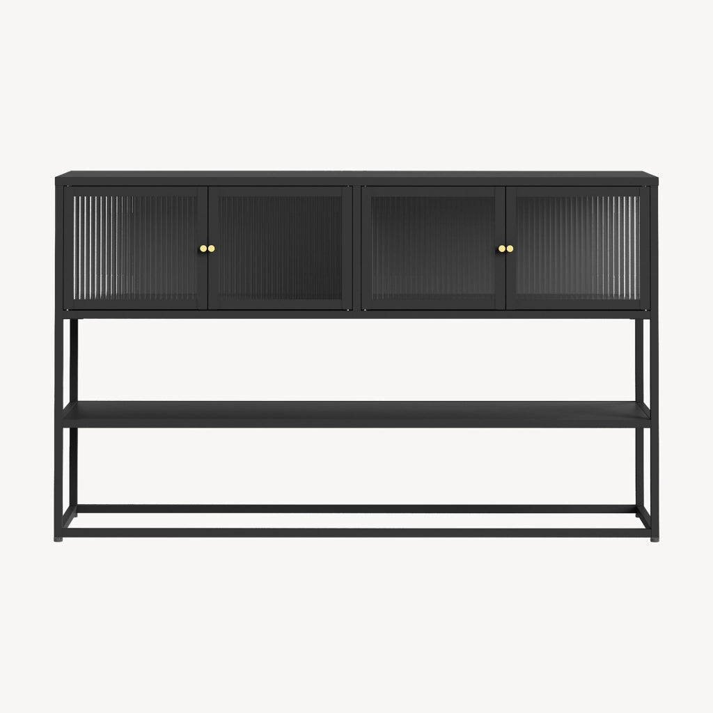 Credenza Bassa Säkylä con Ante in Vetro Scanalato 150x38x90 cm Nero [en.casa]