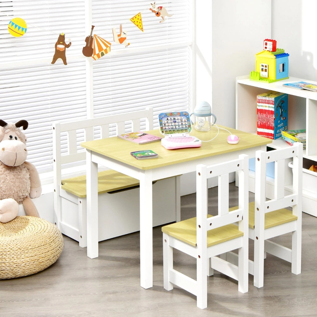 Set tavolo attivit¨¤ di legno 2 in 1 con 2 sedie e 1 panca, Set 4 pezzi tavolo e sedie per bambini Naturale-Tavoli e sedie