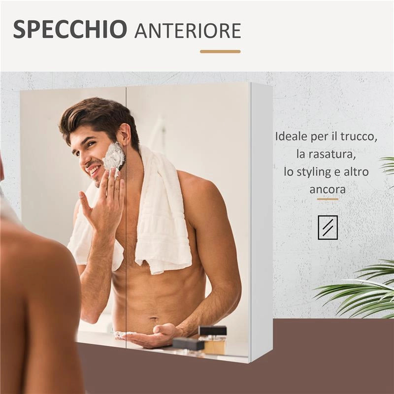 ARMADIETTO A SPECCHIO A 3 RIPIANI INTERNI REGOLABILI, IN LEGNO E VETRO, 60X15X60 CM, BIANCO